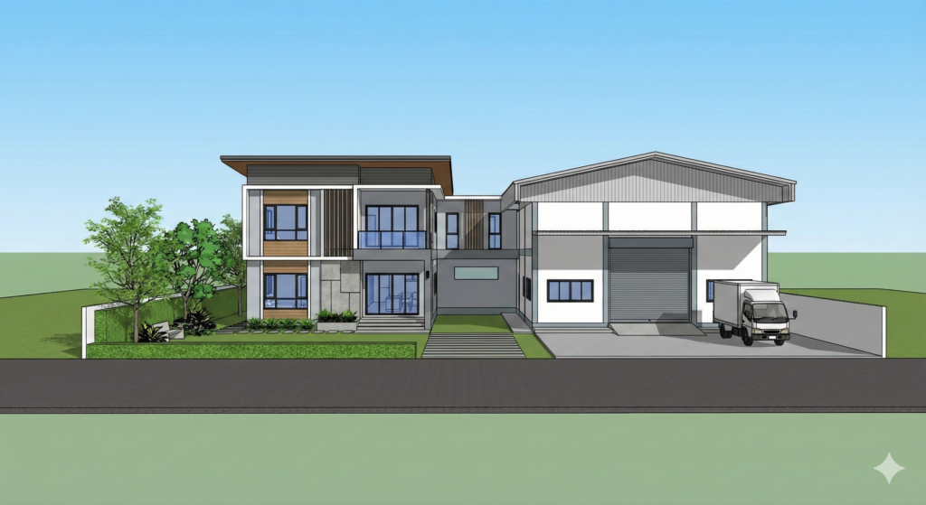 บ้านโมเดิร์นพร้อมโกดังโรงงานขนาดเล็กในพื้นที่เดียวกัน สำหรับผู้ประกอบการ SME